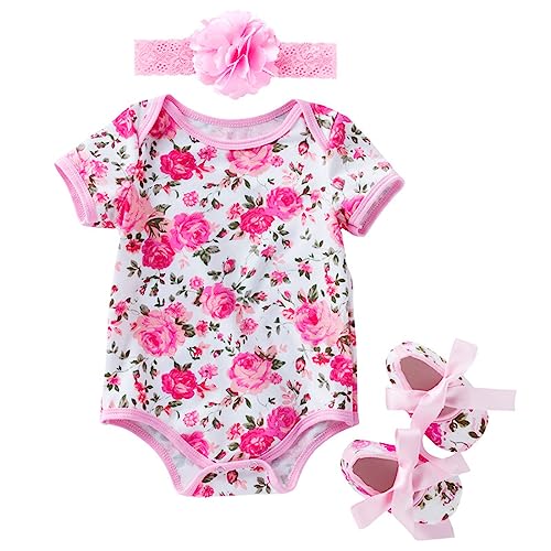 Ärmellose Bodys Neugeborenen Baby Mädchen Strampler Kurzarm Blumenmuster Strampler + Stirnband + Schuhe Außerhalb Body Strampler Overall Kleidung Babysachen Personalisiert (B, 3-6 Months)