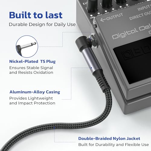 RUXELY Kabel krosowy gitarowy 6,35 mm 0,3M/3-Sztuki, wtyczka 90 stopni 1/4", kabel instrumentalny, kabel krosowy do gniazda gitarowego, kabel kątowy do efektów gitarowych/basowych, pedałów