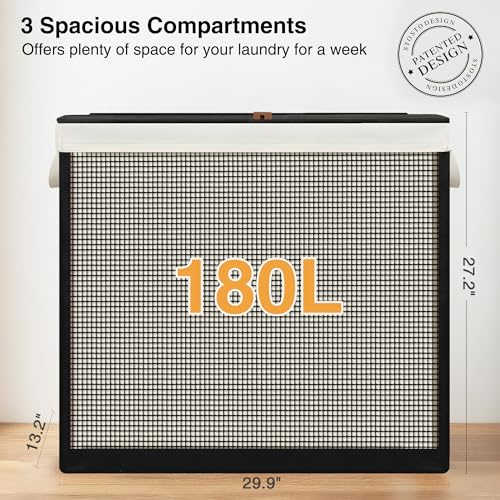 STO STO 3 Section Laundry Hamper with Lid, 180L Steel-Frame 3 Compartment Laundry Sorter with Removable Washable Liner, Breathable Large Laundry Basket for Bedroom, Bathroom, Laundry Room, Dorm by STO STO - Used condition - Image 3
