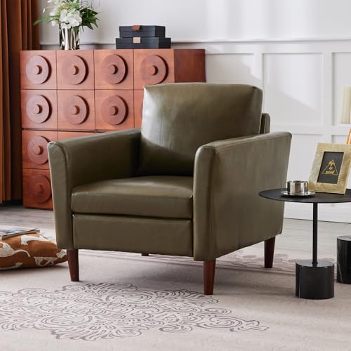 Kingfun Mid-Century Accent Chairs, PU Leather Modern Upholstered Living Room Chair, Cozy Armchair with Rolled Arms and Deep Seats, Olive Green