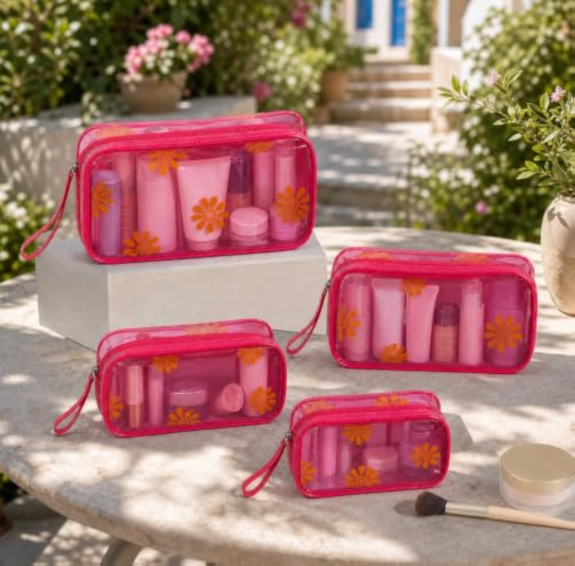 Clear PVC Makeup Vanity Bag Set of 4 with Floral Print