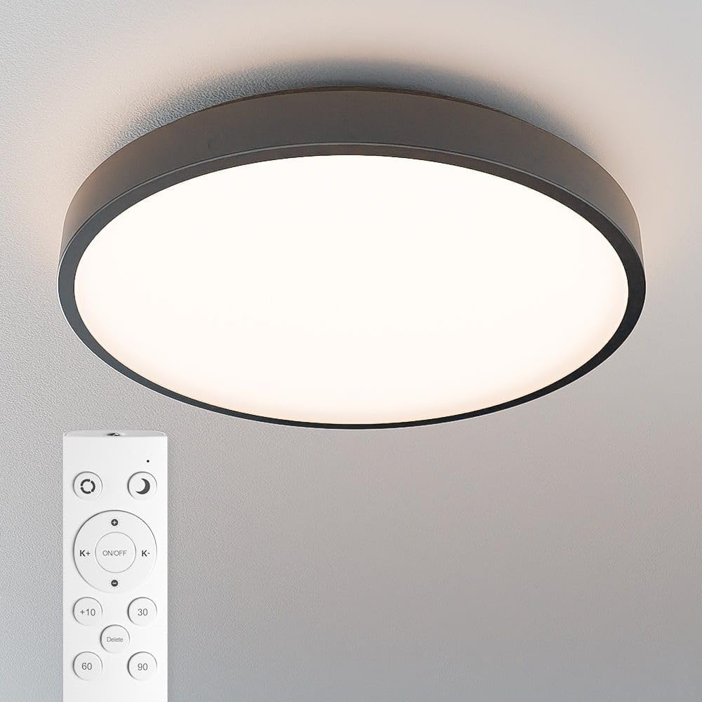 HOFTRONIC - LED Deckenlampe Badezimmer Schwarz 35 cm - Ultra Flach - 24 Watt Dimmbar mit Fernbedienung - CCT 3000K, 4000K, 6500K - IP44 Wasserdicht - Deckenleuchte Plafonniere