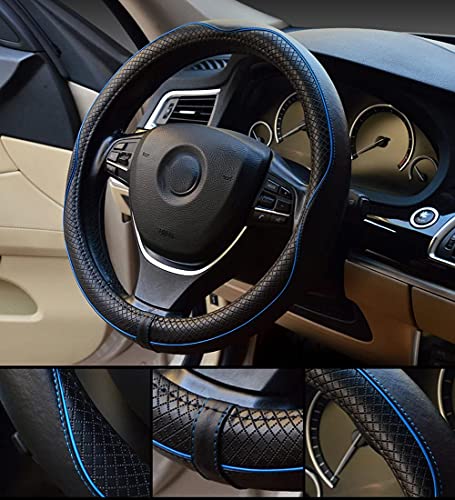 Image of Valleycomfy Steering Wheel Covers Universal 15 inch - Genuine Leather, Breathable, Anti Slip & Odor Free (Black with Blue Lines, M(14 inch 1 /2-15 inch 1 /4))