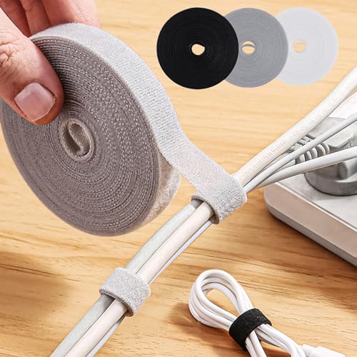3-Pack Portable Cable Organizers, Loop Fastening Straps, Reusable Cord Management Ties, Black, White, and Gray, Ideal for Home, Office, and Travel