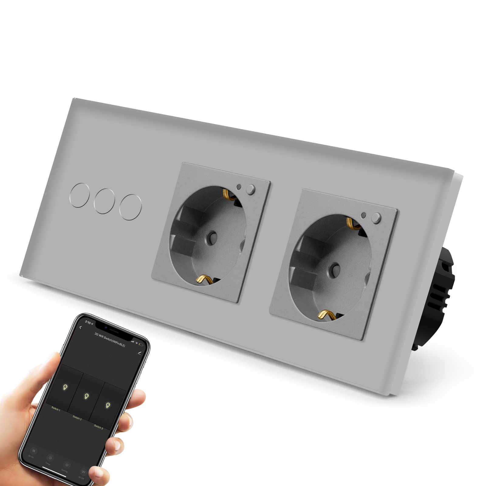BSEED Interruttore della luce Smart Alexa con doppia presa, verticale da incasso, presa Alexa, in vetro Schuko, Single Live Wifi Touch, 3 scomparti, 1 via, grigio
