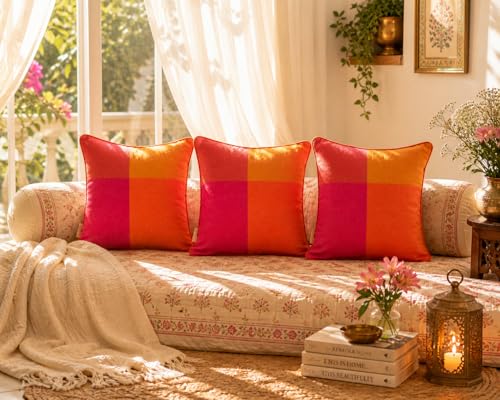 Image of RANGBHAR Handloom 100% Cotton Cushion Cover Set of 3 | Cushion with All-Around Piping for Premium Finish | 16x16 Inches Hand Woven Striped Cushion Covers - Orange