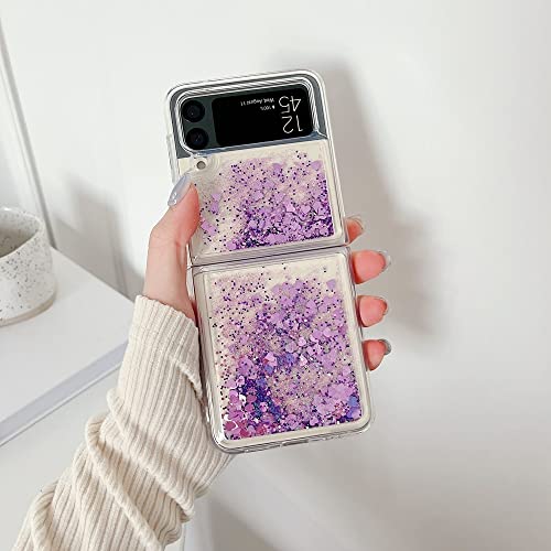 Coque Samsung Z Flip 3 Paillettes Liquides Violettes avec Cœur Love Heart
