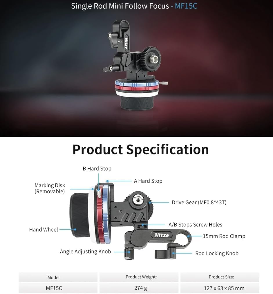 Generic Follow Focus Kit Nitze Mini Follow Focus Kit with Drive Gears Marking Disks Gear Ring Belt 15mm Rod and Rod Clamp with NATO Rail Support A/B Hard Stops and 360° Infinity Zoom-MF15C