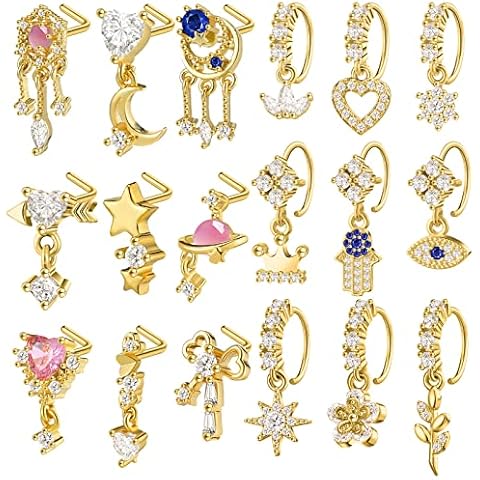 Junkin 18 Pcs Dangle Nose Rings and Studs Cover