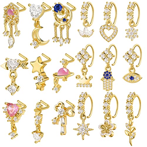 Junkin 18 Pcs 20g Nose Rings Dangle for Women Nose Piercings L Shaped Stud Hoop Cute Star Heart Round Jewelry Dangle Studs Rings for Mother Wife Friend Gifts(Gold)