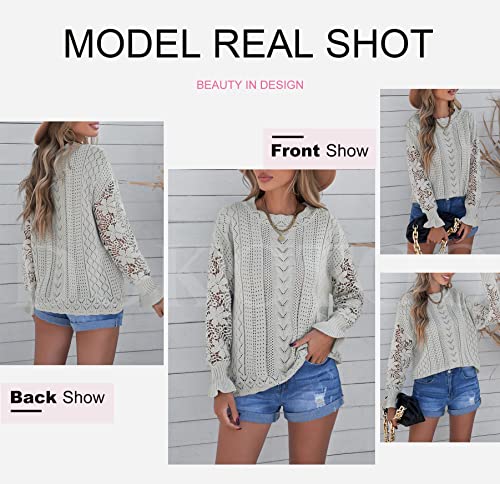 Dokotoo Sweater Women Ladies Cute Soft Thick Round Neck Solid Hollow Out Lace Crochet Autumn Cozy Long Sleeve Cable Knit Pullovers Sweaters For Women Large Gray #TOP3