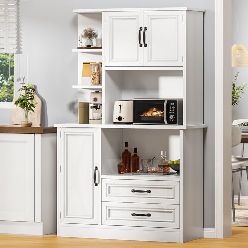 DWVO Kitchen Pantry Storage Cabinet, 64" H Kitchen Hutch Cabinet with Power Outlet, Sliding Racks with Door, Drawers with Doors and 3-Tier External Shelves for Living Room, Dining Area (White)
