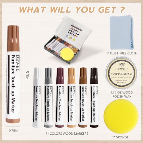DEWEL Holzmarker, 18 Farben Möbelmarker Reparaturset, Holzkitt Reparaturset mit Holz Polierwachs, Holz Möbel Reparaturset für Zerkratzte Holzböden, Tische aus Holztischs, Schranks und Nachttisches