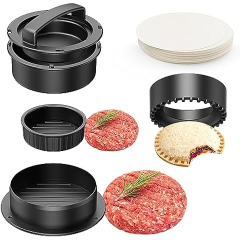 Pisol Hamburger Press, 4-in-1 Burger Press Patty Maker Slider, Stuffed Burgers Sandwich Cutter, Meat Beef Veggie Hamburger Patty Mold with 100 pcs Wax Disc Papers Cover