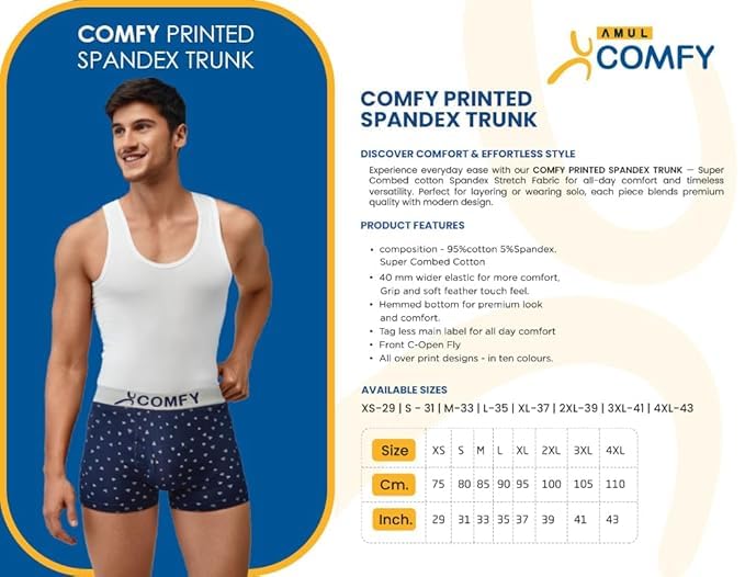 Image of Amul Comfy Men's Cotton Spandex Trunk | Wide Comfort-Grip Elastic Waistband | Hemmed Bottom Finish | Front Open Fly | 95% Cotton 5% Spandex Innerwear