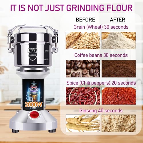 550g Grain Mill Grinder, 304 Stainless Steel Grain Mill, 2000W High-speed Commercial Spice Grinder, Superfine Grain Grinder, Flour Mill Grinder for Home, Grinder for Kitchen, Spice Grinder Electric