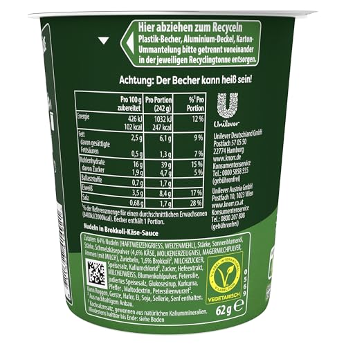 Knorr Pasta Snack Pot Brokkoli & Käse leckere Instant Nudeln fertig in nur 5 Minuten 8x 62 g