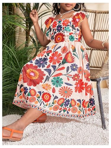 Girl's Floral Midi Dress Boho Tropical Dresses Ruffle Sleeve Bow Back Summer Vacation A Line Flowy Dresses3