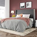 Allewie Marco de cama de terciopelo tamaño queen/cabecera capitoné con canal vertical, cama de plataforma tapizada/listones de madera resistentes/no necesita somier/fácil montaje/gris