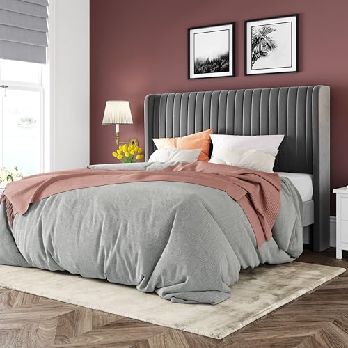 Image of Allewie Queen Size Velvet Bed Frame /Vertical Channel Tufted Wingback Headboard /Upholstered Platform Bed /Strong Wooden Slats /No Box Spring Needed /Easy Assembly /Grey
