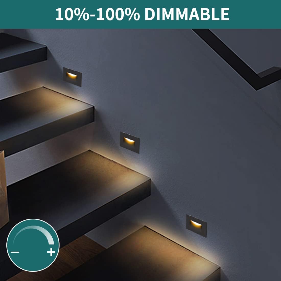 Image showing the 3CCT switch on the back of the LED step light and examples of 3000K Warm White, 4000K Bright White, and 5000K Daylight illumination.