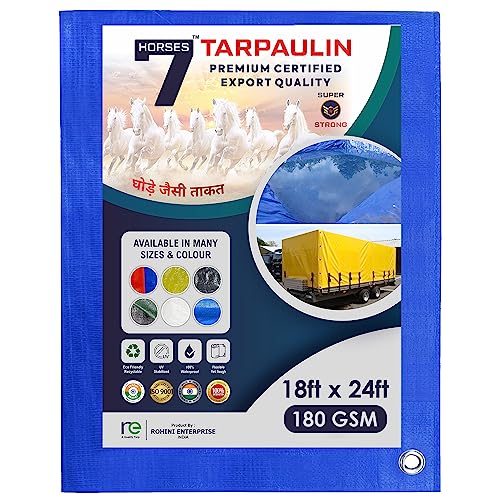 Image of 7 Horses 18 x 24 ft 180 GSM Blue Tarpaulin Tirpal Tadpatri Tharpai Thadika|Heavy Duty Poly Tarp with Aluminium Eyelets Every 7 feet|100% Waterproof Plastic Cover for Truck, Roof, Rain & More