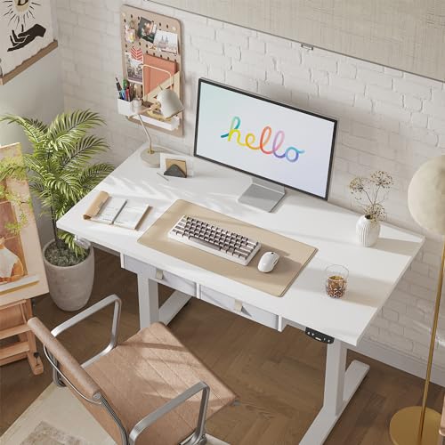 Image of Agilestic Electric Standing Desk with Drawers, 48 x 24 Inches Height Adjustable Desk, Stand up Computer Table with Memory Preset, for Work Office Home, Drawers-White