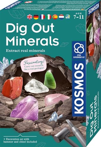KOSMOS 617202 Mineralien Ausgrabungs-Set Grabe echte Mineralien selbst aus mit Hammer und Meißel 5 faszinierende Schmucksteine Experimentierset für Kinder ab 7 Jahre Mehrsprachig