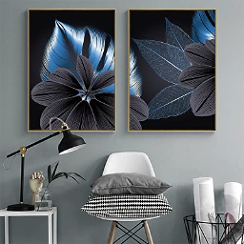 Décorer un grand mur vide facilement avec ce lot de 2 toiles feuilles noires salon 50x70cm