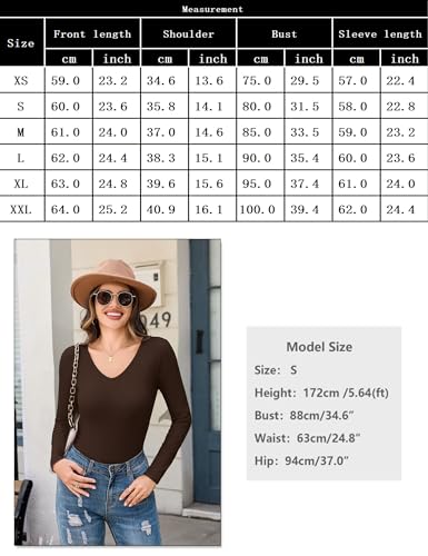 Totatuit Camiseta Manga Larga Mujer Básica de Algodón Cuello en V Elástica Slim Fit de Punto Casual Elegante Sólido Túnica Marrón，S