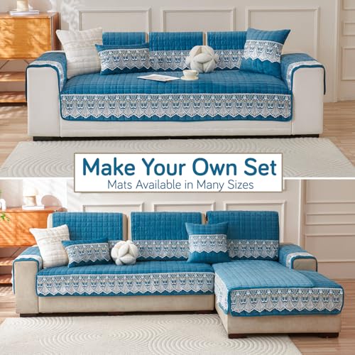 Image of HOKIPO 'BelleLace Series' Imperial Milk Velvet Sofa Cover Mat with Lace Design| Make Your Own Sofa Cover Set, Mat Length 90(D) x 180(L) cm, Celdaon Blue (AR-5967-BL)