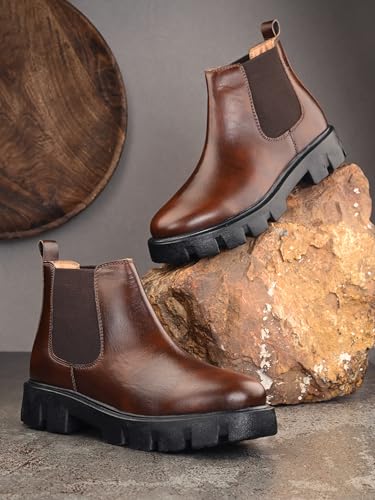 Image of HiREL'S Premium PU Chelsea Boots for Men, Black, Chunky Lug Sole, Arch Support, Slip-Resistance, Height Increasing
