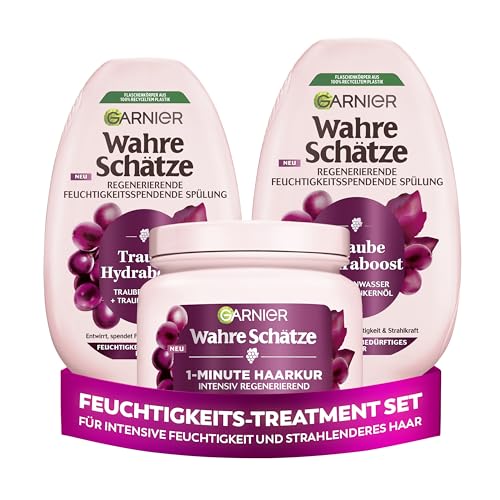 Garnier Wahre Schätze Traube Hydraboost Treatment-Set, mit Traubenwasser, für mehr Feuchtigkeit und Glanz, mit 1x 1-Minute Haarkur und 2 Spülungen