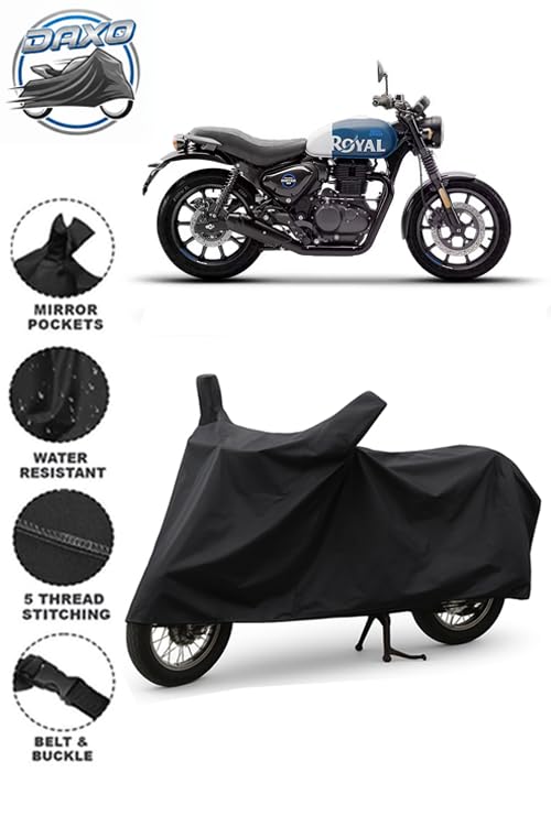 Image of DAXO Waterproof Bike Cover for Royal Enfield Hunter 350 | All Weather Protection from Rain, Dust, UV Rays & Scratches with Mirror Pockets & Buckle Belt | Hunter 350 Bike Cover
