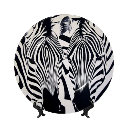 Image of ZSUUGJ Animal Black White Zebra 10 Inch Ceramic Plate Display Home Display With Stand Wall Hanging Plate For Home Decor