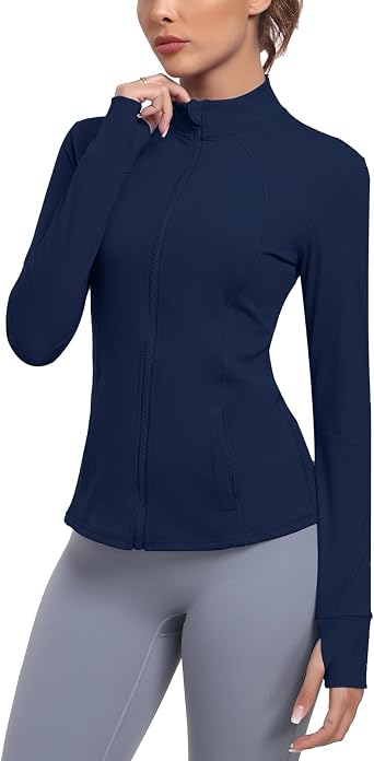 Womens Athletic Full Zip Lightweight Workout Jacket With Pockets Running Yoga Sportwear With Thumb Holes