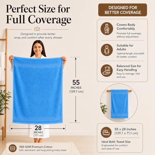 Image of 100% Pure Cotton Bath Towel for Men & Women | 380 GSM Ultra Soft, Highly Absorbent & Quick Dry Bath Towel | Large 55 x 28 Inch Matty Terry Towel for Bathroom, Gym, Travel & Daily Use | Light Blue