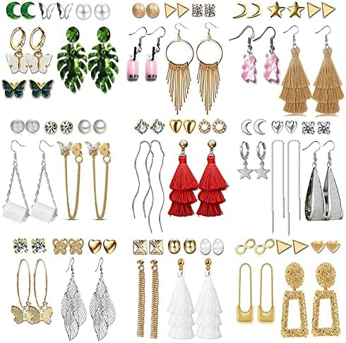 47 Pairs Fashion Earrings for Women Girls, Boho Statement Tassel Rattan Leather Earrings Butterfly Acrylic Hoop Stud Drop Dangle Zinc Earrings Set, Hypoallergenic for Sensitive Ears
