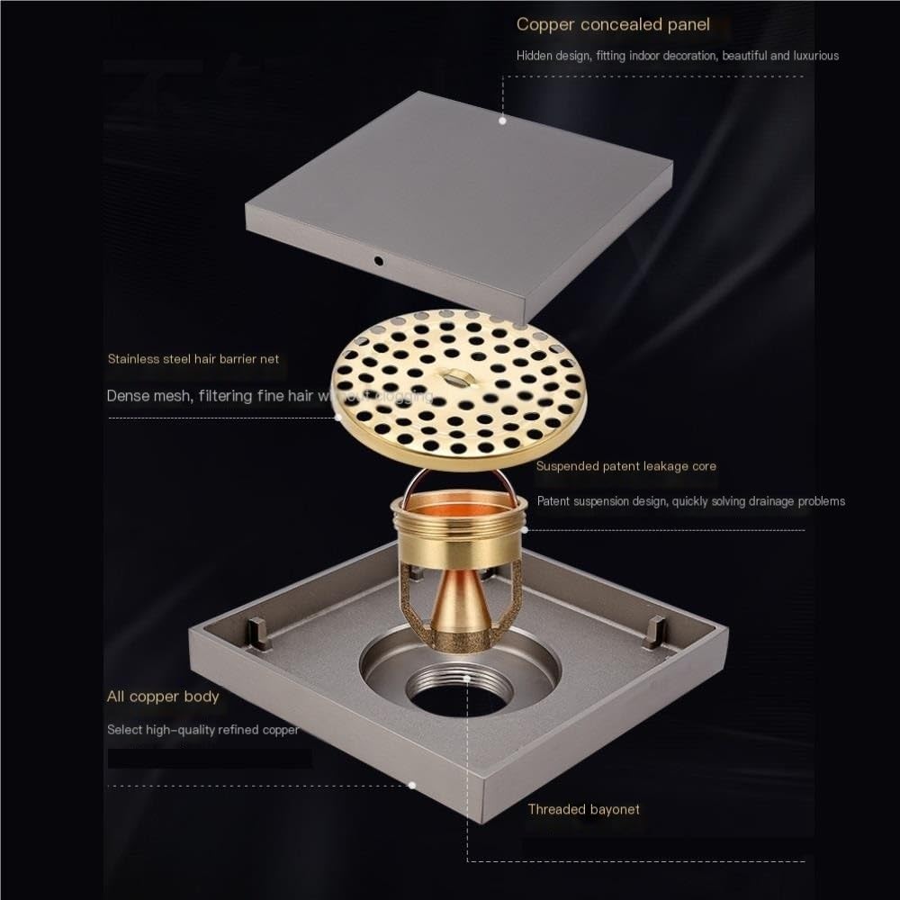 Scarico a Pavimento Quadrato in Acciaio Inossidabile, Doccia | Nucleo di sospensione magnetico, guarnizione profonda 120 mm, grande flusso, inserto(Black)