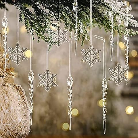 ToBeIT Weihnachtsdeko 20 Stücke Acryl Schneeflocken und Eiszapfen Weihnachtsbaum Anhänger- Christbaumschmuck Kunststoff Eiszapfen und Schneeflocken Winterdekoration Cover