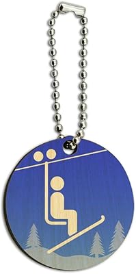 Skiing Ski Lift Symbol in Snow Wood Wooden Round Keychain Key Chain Ring