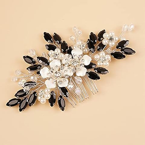 Kercisbeauty Black Crystal Silver Hair Comb Wedding Bridal Hair Accessories with Rhinestones Shiny Handmade Jewelry for Women (Black) Cover