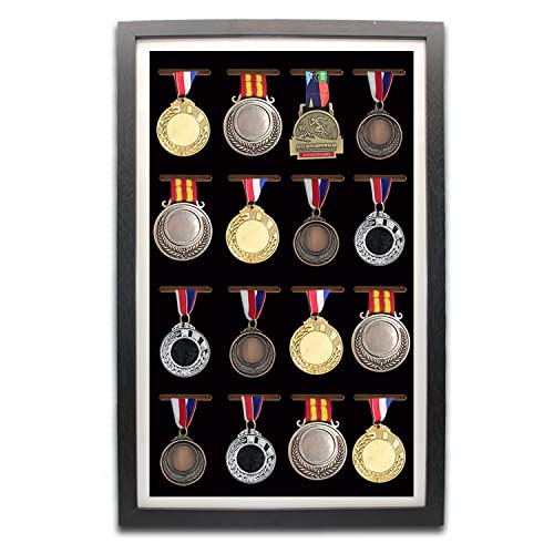Medal Display Frame - Medal Display Shadow Box - 16 Medal Display case - Perfect Medal Display for Runners, Marathon, RECE Winner, Football, Gymnastics & All Sports (Black)