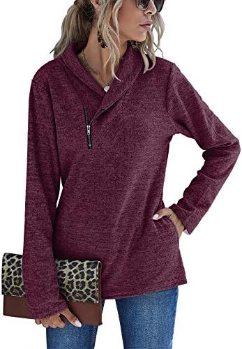 Romanstii Cowl Neck Sweatshirts for Women Cute Casual Long Sleeve Pullover Sweatshirt Top Zip Pullover Sweaters for Women Knit with Pockets Wine Red Size L