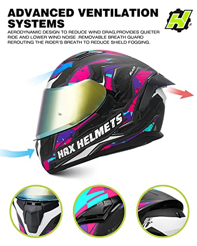 Image of HAX Obsidian Full Face Dual Visor Adult Motorcycle Helmet for Motorbike Street Bike with Pinlock Ready DOT Approved (Blaze Fuchsia,XL)