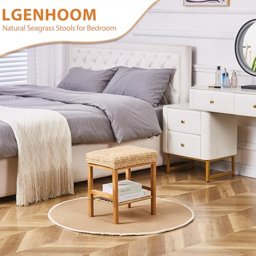 LGENHOOM Foot Stool Natural Seagrass Hand Weave Poufs Square Ottoman Bench Modern Dressing Stool Footstool with Metal Leg Vanity Stool for Bathroom Living Room Natural - Thumbnail 4