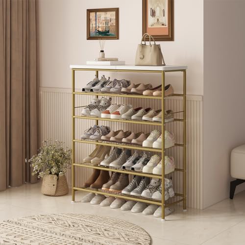 Image of SUOERNUO Shoe Rack Organizer 6 Tier for Closet Entryway Free Standing Metal Storage Shoe Shelf with MDF Top Board,Gold