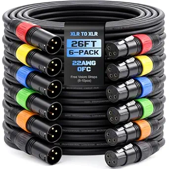 26ft 6-Pack XLR Cables, 3-Pin OFC Cords for Studio, Stage, DMX Mixer