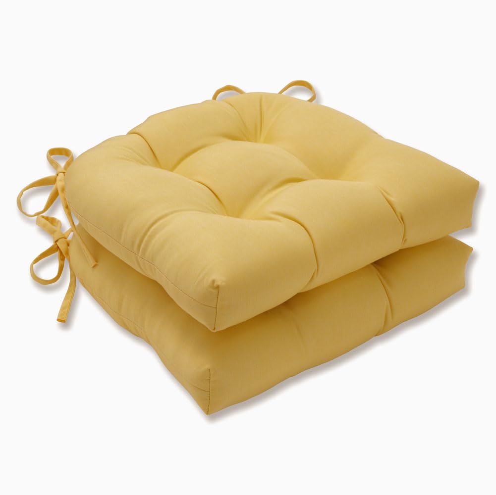 Pillow Perfect Fortress Solid Indoor/Outdoor Patio Reversible Chairpad with Ties, Weather and Fade Resistant, 1 Count, Yellow, 17"x17.5"