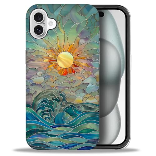 DAIZAG Compatible with iPhone 16 Case, Sun Rays Ocean Waves Stained Glass Full Pattern Plastic Soft TPU Anti-Drop,Double Protection Corner Case for iPhone 16
